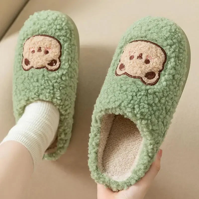 New Women Home Slippers Men Furry Indoor Bedroom Flats Warm Plush Couples Cute Cartoon Bear Winter Floor Slides Non-slip Shoes