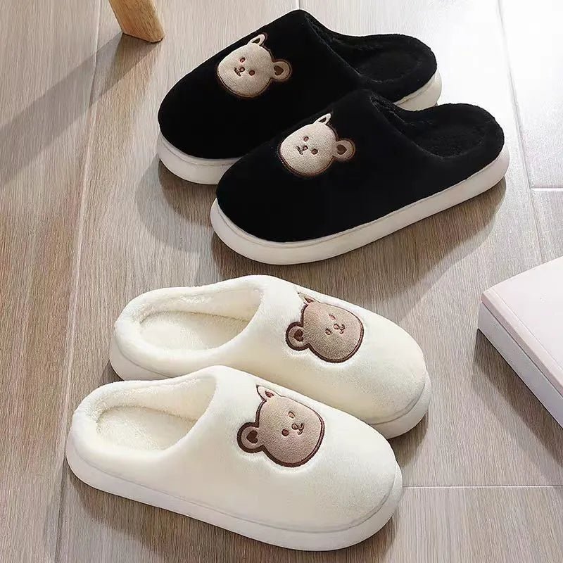 New Women Home Slippers Men Furry Indoor Bedroom Flats Warm Plush Couples Cute Cartoon Bear Winter Floor Slides Non-slip Shoes