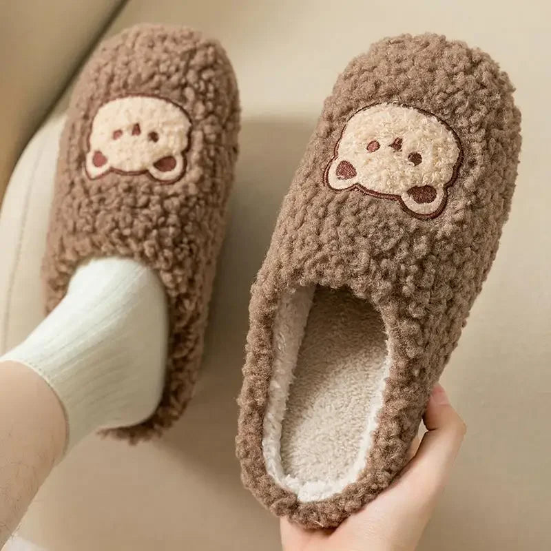 New Women Home Slippers Men Furry Indoor Bedroom Flats Warm Plush Couples Cute Cartoon Bear Winter Floor Slides Non-slip Shoes