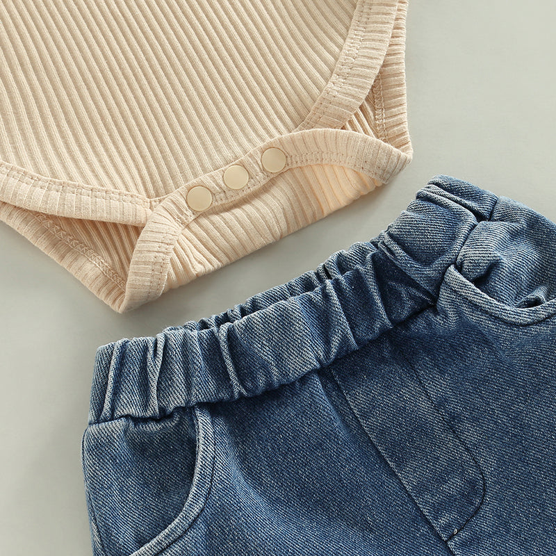 Kids Girls Pants Suit, Long Sleeve Round Neck Lace Romper Tops + Casual Denim Bell-Bottoms + Headband