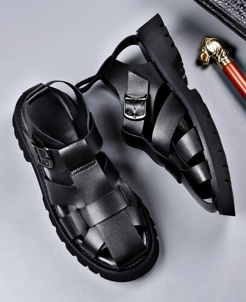 Men Sandals Cow Leather Roman Sandals for Men Summer Designer Platform Shoes Male Fashion Casual Black Sandals Man