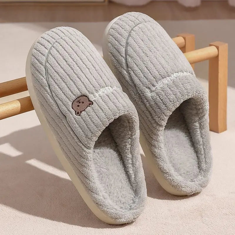 New Women Home Slippers Men Furry Indoor Bedroom Flats Warm Plush Couples Cute Cartoon Bear Winter Floor Slides Non-slip Shoes