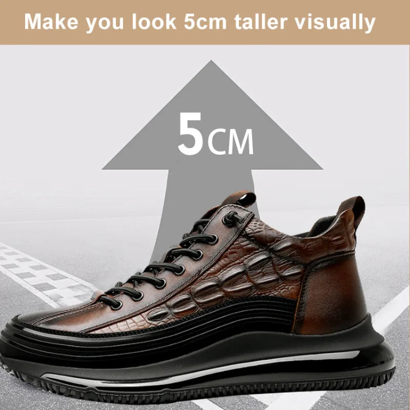 Men's winter thick bottom casual shoes light luxury fashion Air Cushion Cowhide Crocodile Print Sneakers Height Lifting Non-Slip