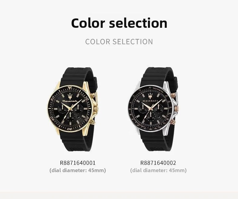 Original gold Maserati men's watch sports leisure luxury Shi Ying Europe and America large dial black silicone watch.