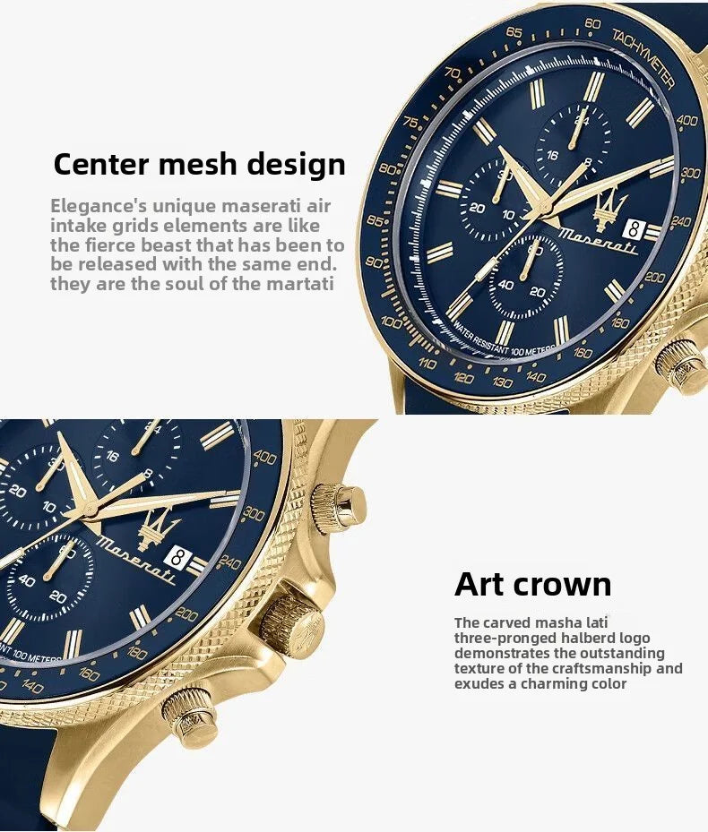 Original gold Maserati men's watch sports leisure luxury Shi Ying Europe and America large dial black silicone watch.