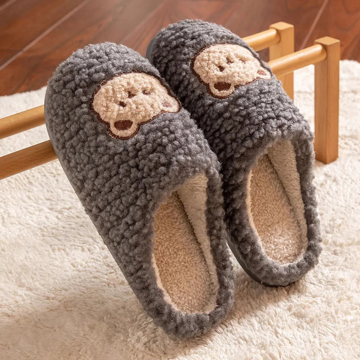 New Women Home Slippers Men Furry Indoor Bedroom Flats Warm Plush Couples Cute Cartoon Bear Winter Floor Slides Non-slip Shoes