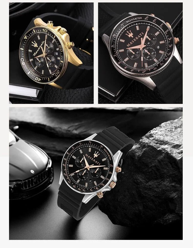 Original gold Maserati men's watch sports leisure luxury Shi Ying Europe and America large dial black silicone watch.