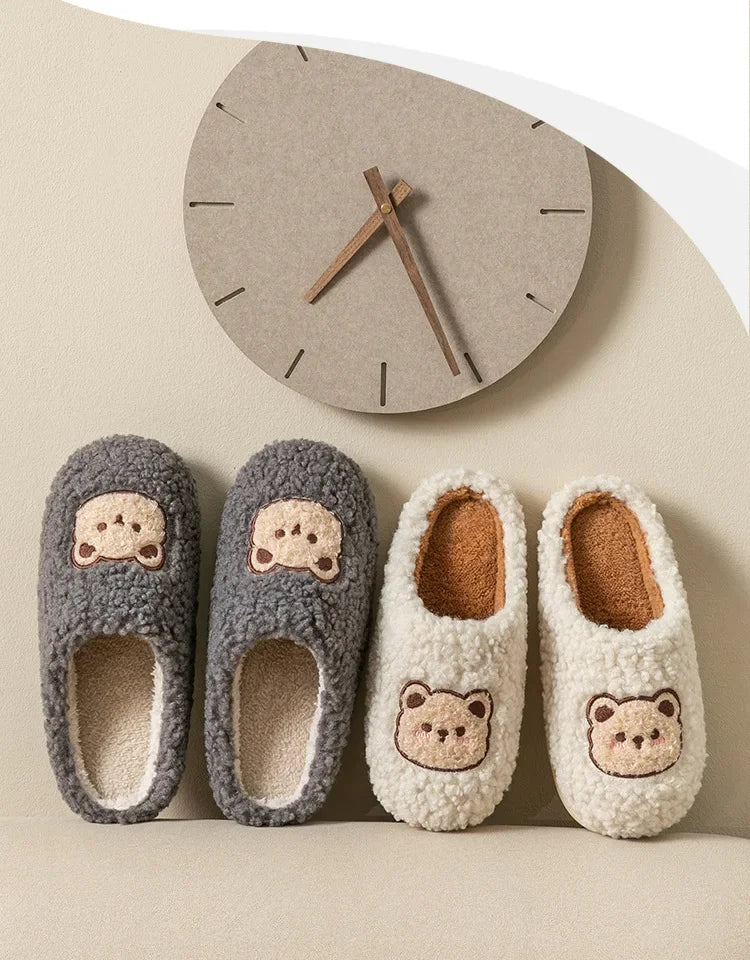 New Women Home Slippers Men Furry Indoor Bedroom Flats Warm Plush Couples Cute Cartoon Bear Winter Floor Slides Non-slip Shoes