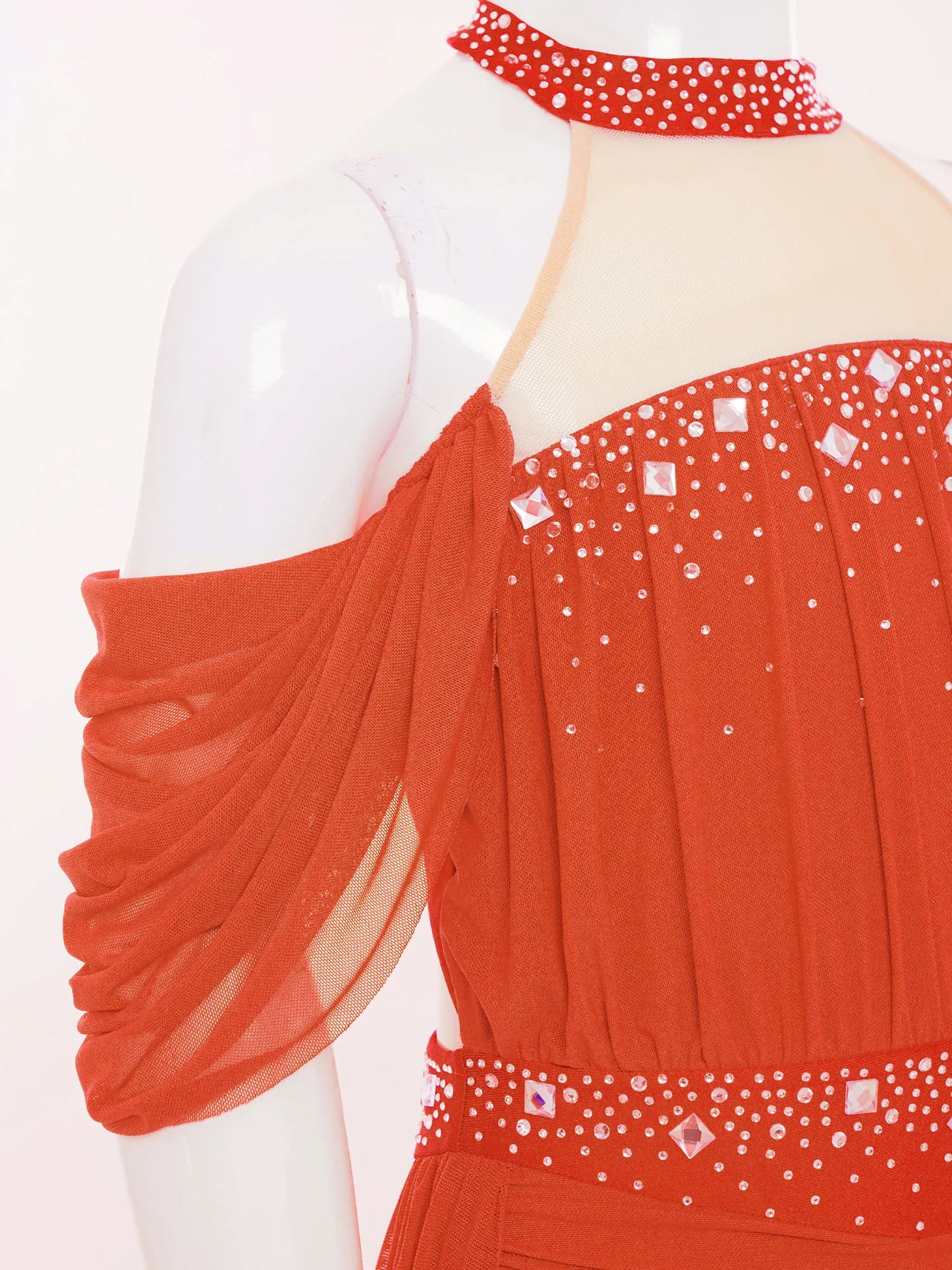 Kids Girls Lyrical Dance Leotard Dress Halter Backless Cutout Back Shiny Rhinestones Ruched Mesh Drape Dresses Modern Dancewear