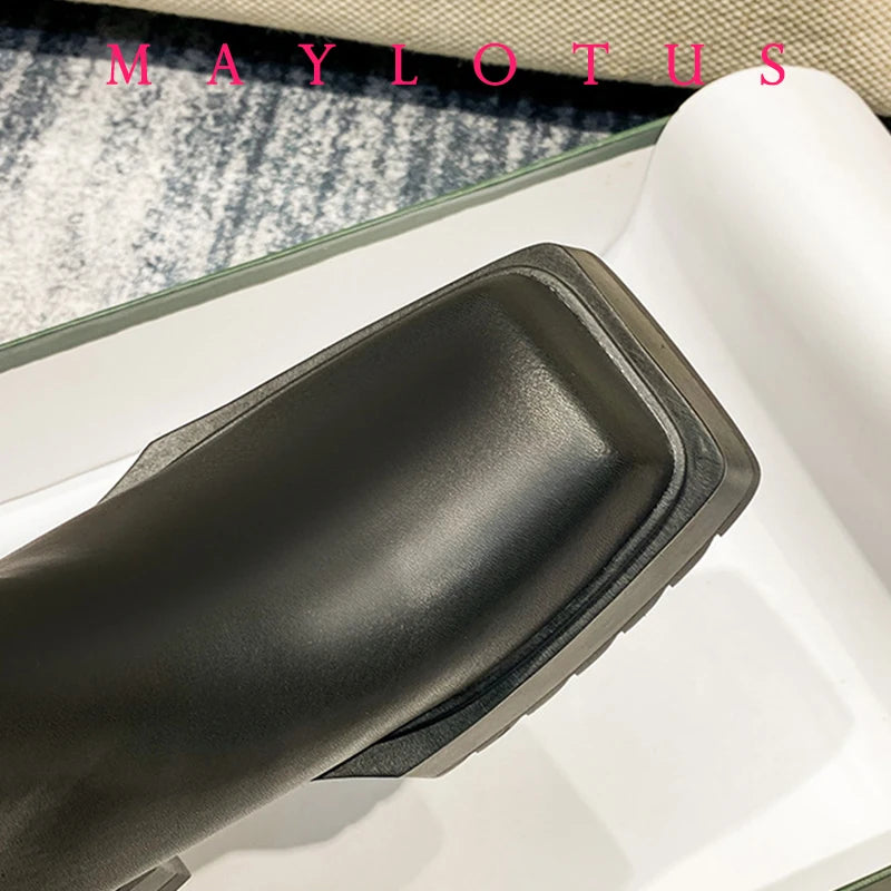 Chelsea Boots Women Cow Leather Square Toe Fashion Slip On Thick Sole Block Heel Ladies Flat Shoes Winter Ankle Boots