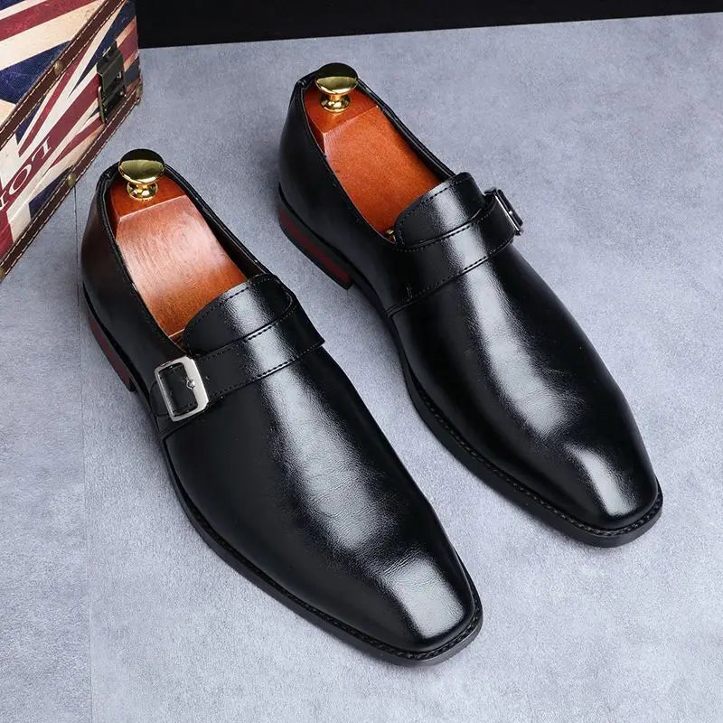 Man Retro Casual Business Shoes Microfiber Leather Square Toe Slip-on Buckle Dress Office Flats For Men Wedding Party Oxfords