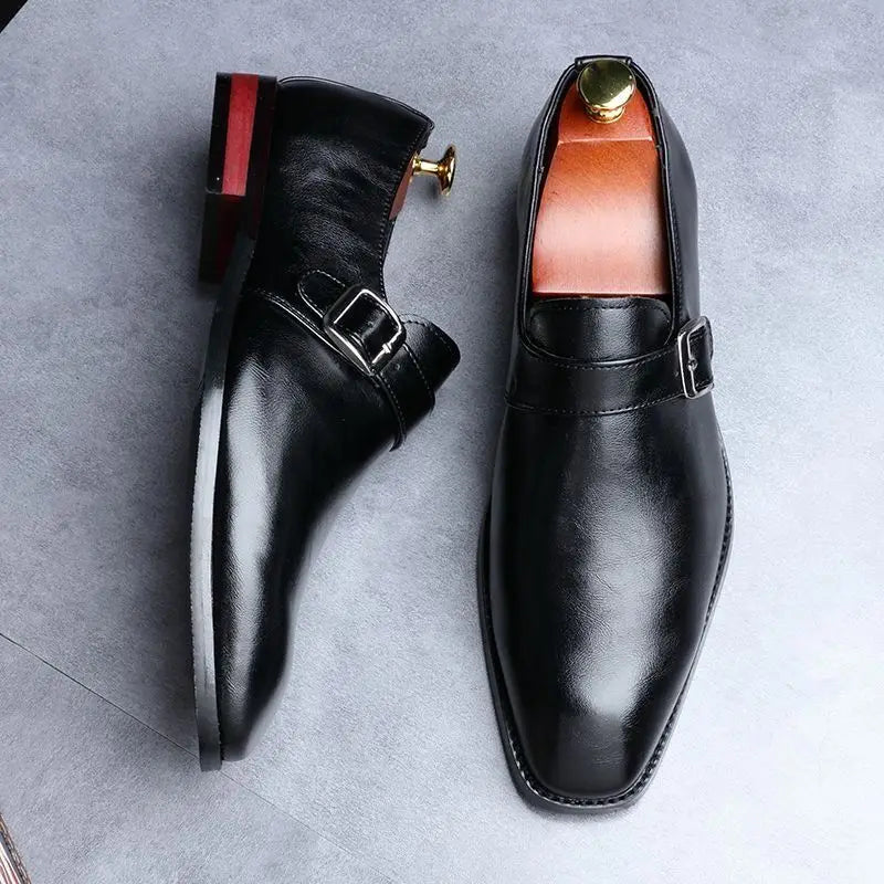 Man Retro Casual Business Shoes Microfiber Leather Square Toe Slip-on Buckle Dress Office Flats For Men Wedding Party Oxfords