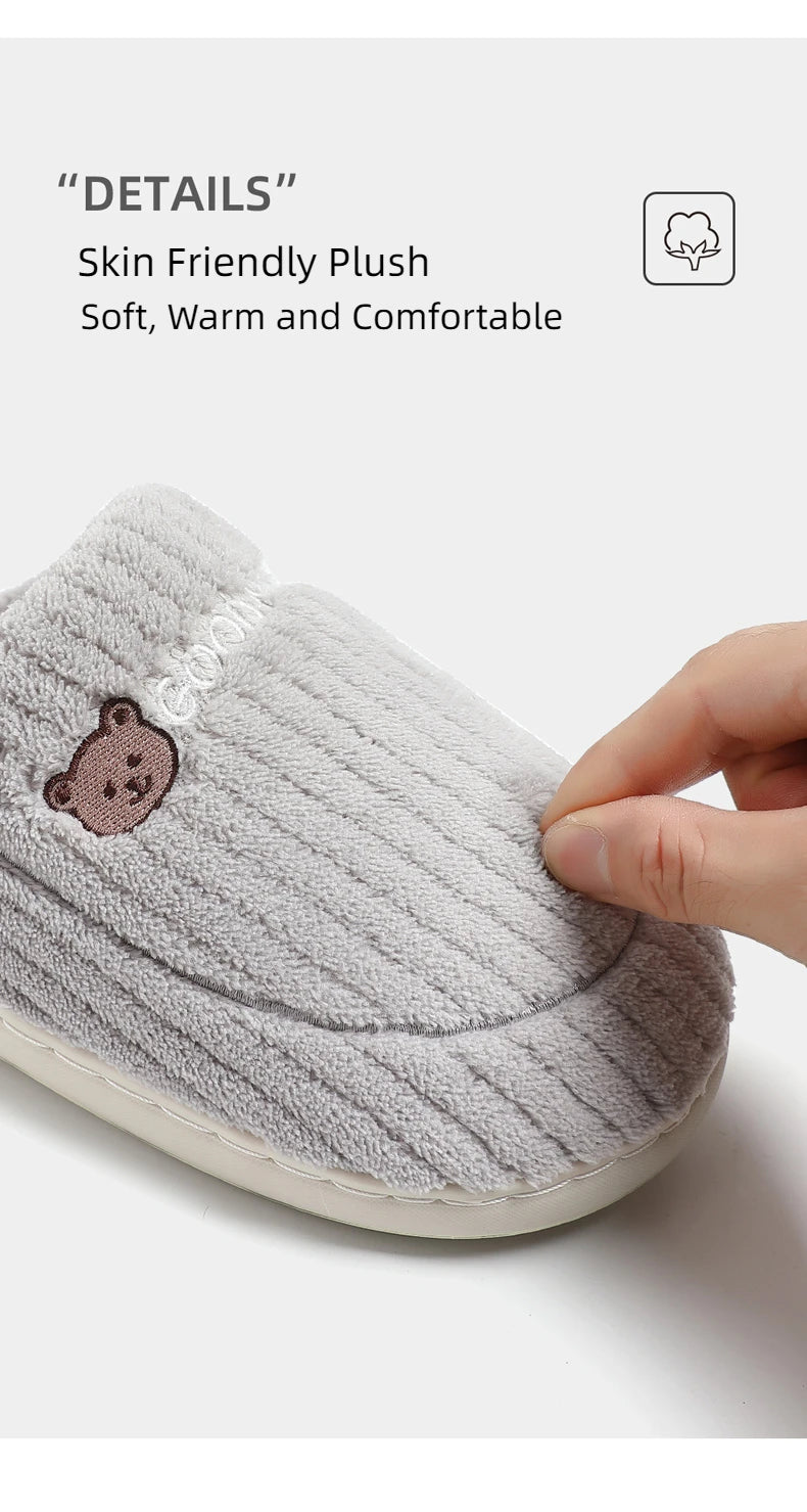 New Women Home Slippers Men Furry Indoor Bedroom Flats Warm Plush Couples Cute Cartoon Bear Winter Floor Slides Non-slip Shoes