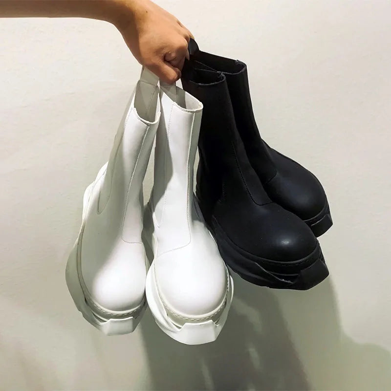 Chelsea Boots Women Cow Leather Square Toe Fashion Slip On Thick Sole Block Heel Ladies Flat Shoes Winter Ankle Boots