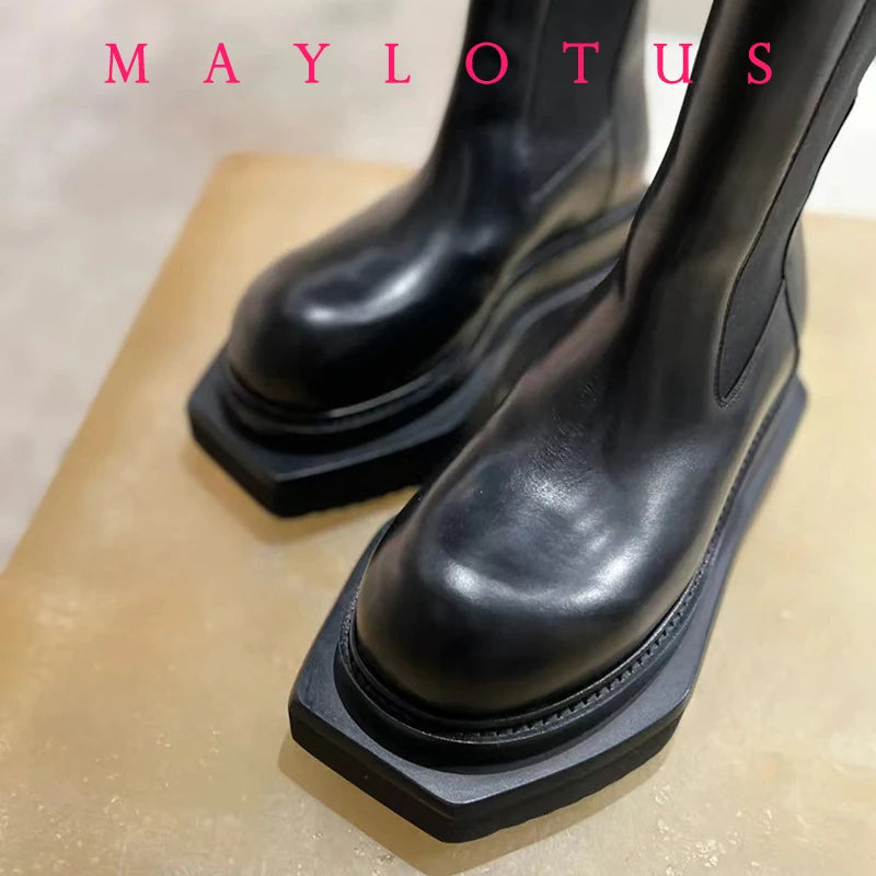 Chelsea Boots Women Cow Leather Square Toe Fashion Slip On Thick Sole Block Heel Ladies Flat Shoes Winter Ankle Boots
