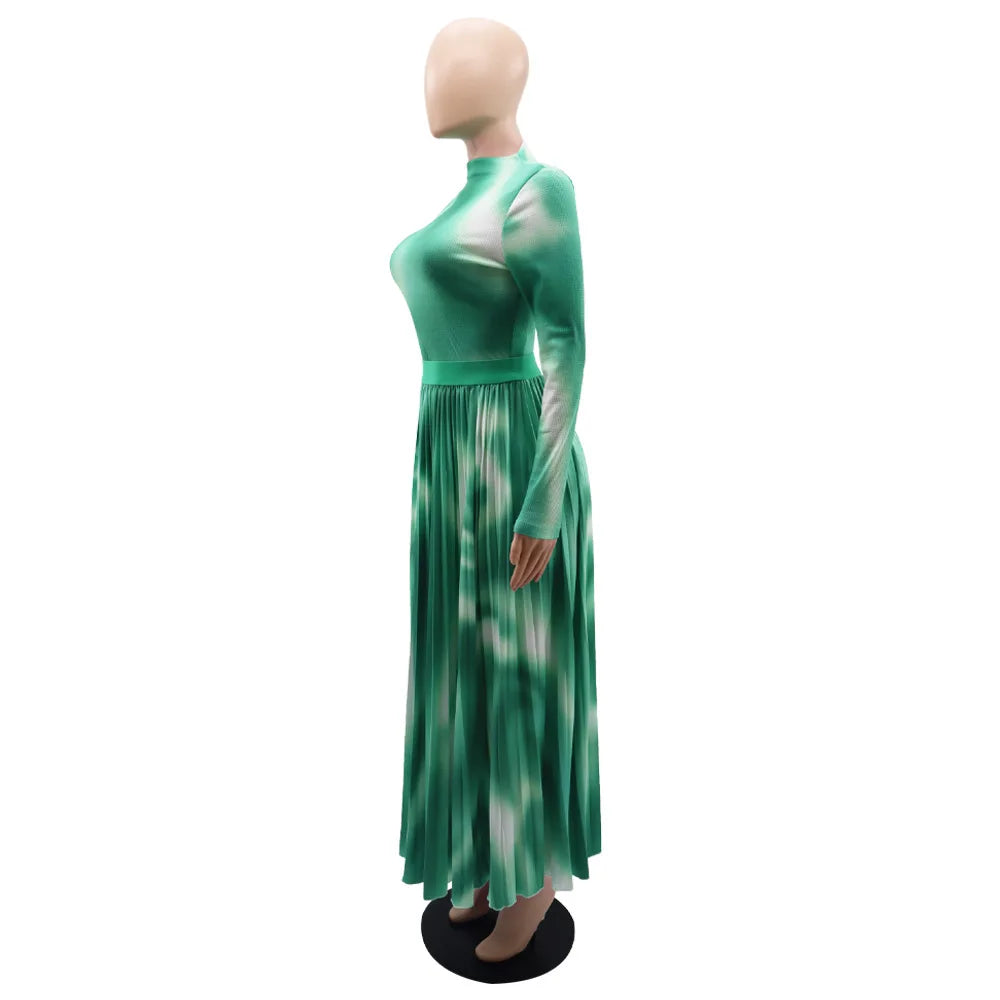 2 Piece Sets Womens Outfits Fashion Waffle Long Sleeved Pullover Short Top Elegant Pleated Skirt Tie Dye Autumn Two-Piece Set