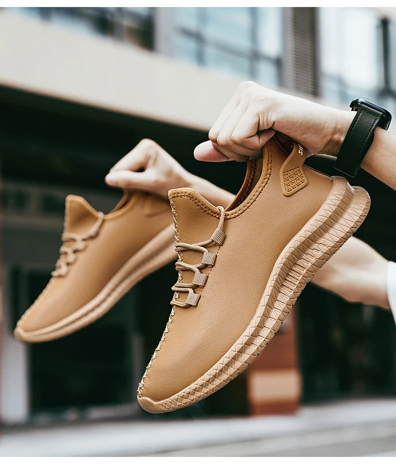 HKDQ New Men Casual Sneakers Waterproof Non Slip Outdoor Sneakers Male Artificial Leather Lace Up Low Top Lightweight Footwear