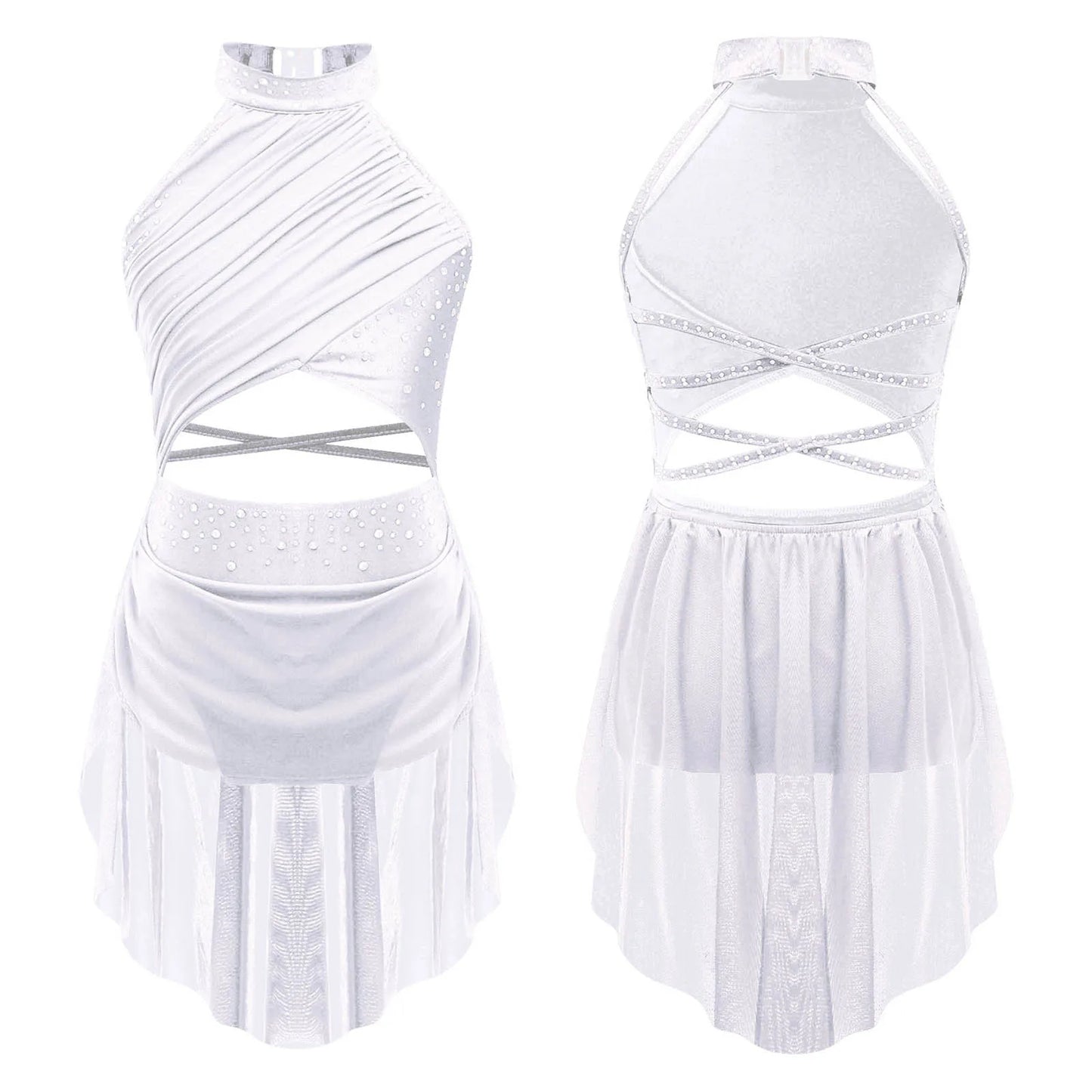 Kids Girls Lyrical Dance Leotard Dress Halter Backless Cutout Back Shiny Rhinestones Ruched Mesh Drape Dresses Modern Dancewear
