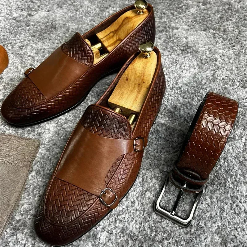 Men Loafers Shoes Brown Black Pu Breathable Double Buckle Monk Shoes Mocassins Cuir Pour Hommes  Men Shoes