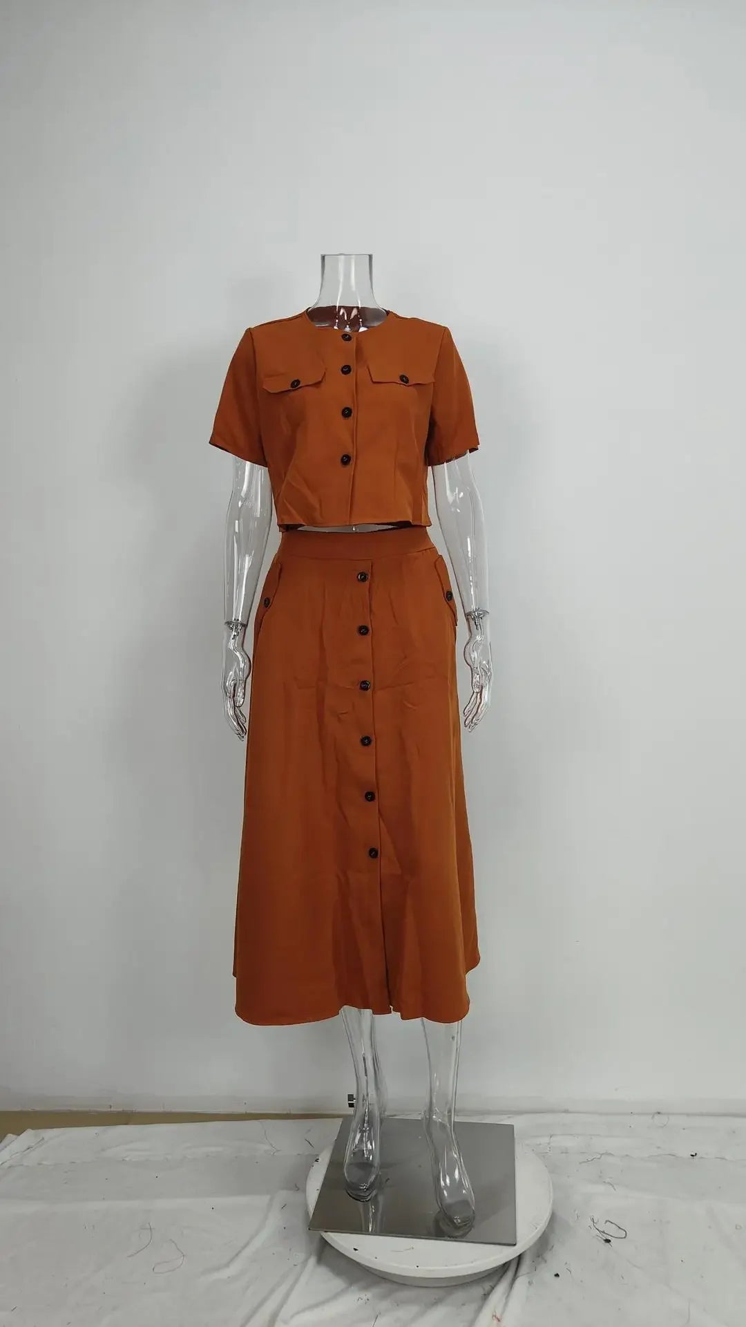 Elegant Solid Color Short Sleeve Women's Set Spring Lazy Style Fashionable Casual Skirt And Top Ensemble from Mainland China
