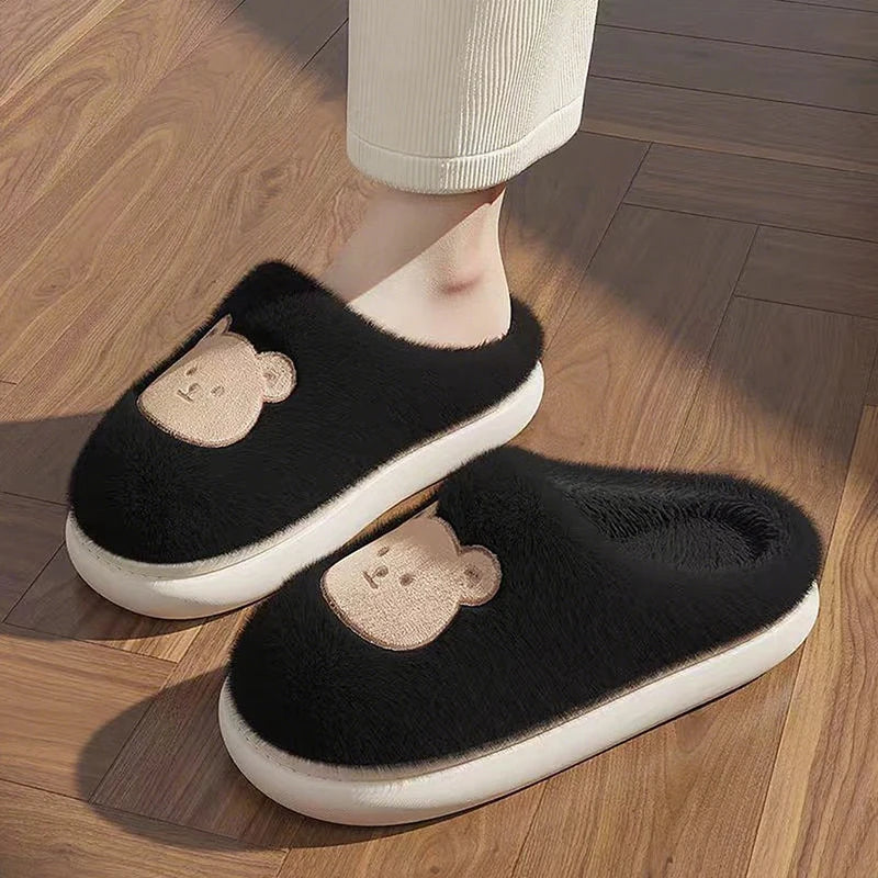 New Women Home Slippers Men Furry Indoor Bedroom Flats Warm Plush Couples Cute Cartoon Bear Winter Floor Slides Non-slip Shoes