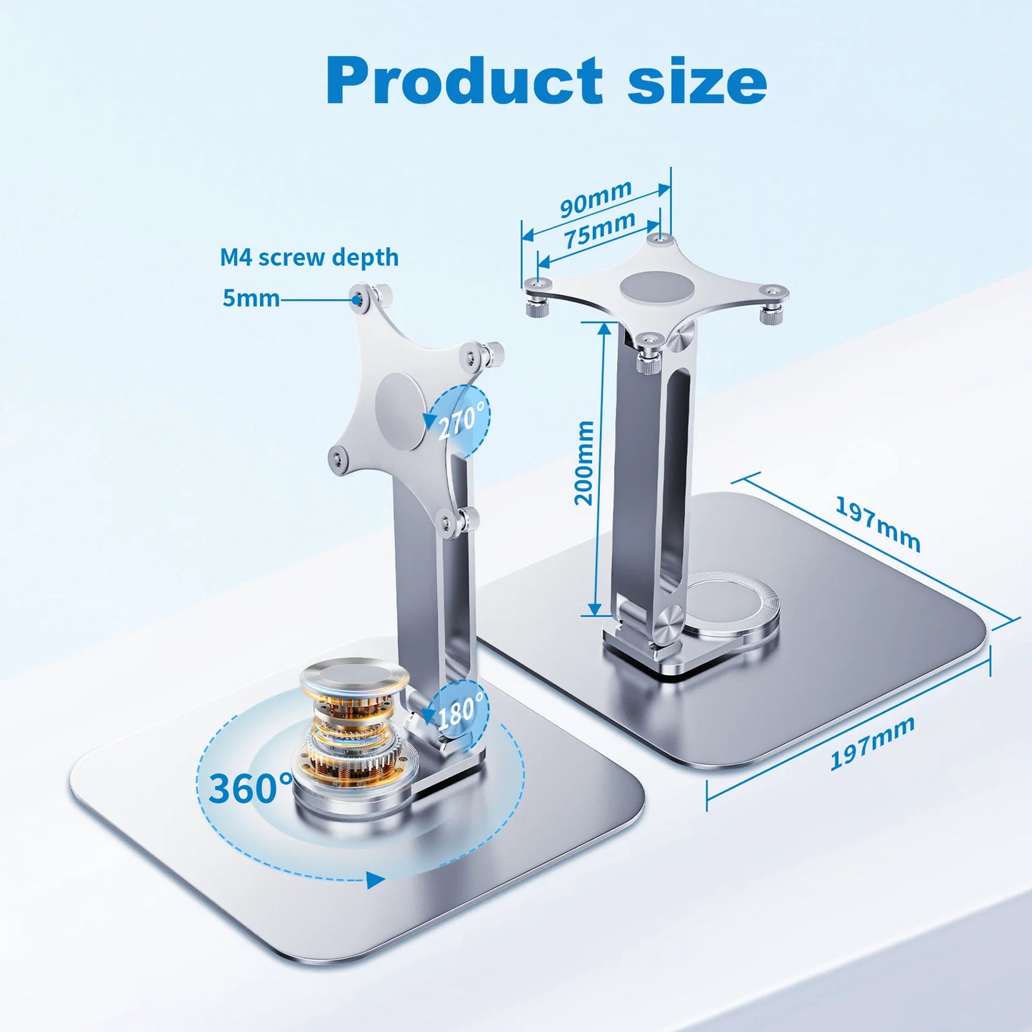 Portable monitor stand aluminum alloy desktop 360 ° rotation, VESA 75x75 suitable for M4 screws 5KG load capacity ultra stable