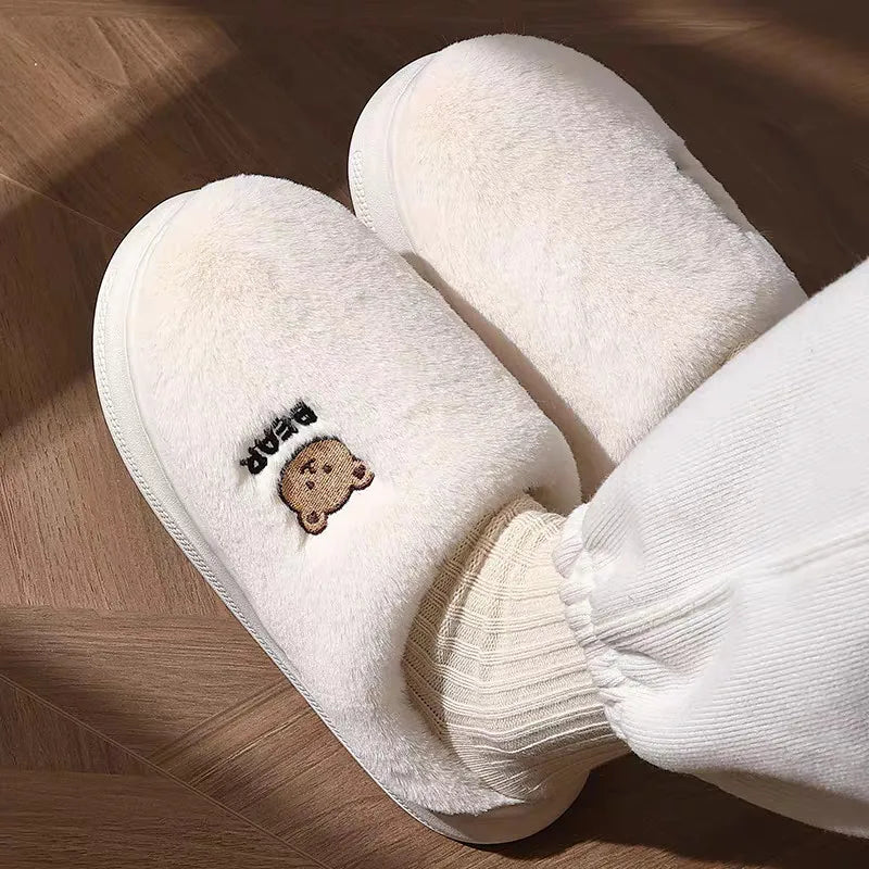 New Women Home Slippers Men Furry Indoor Bedroom Flats Warm Plush Couples Cute Cartoon Bear Winter Floor Slides Non-slip Shoes