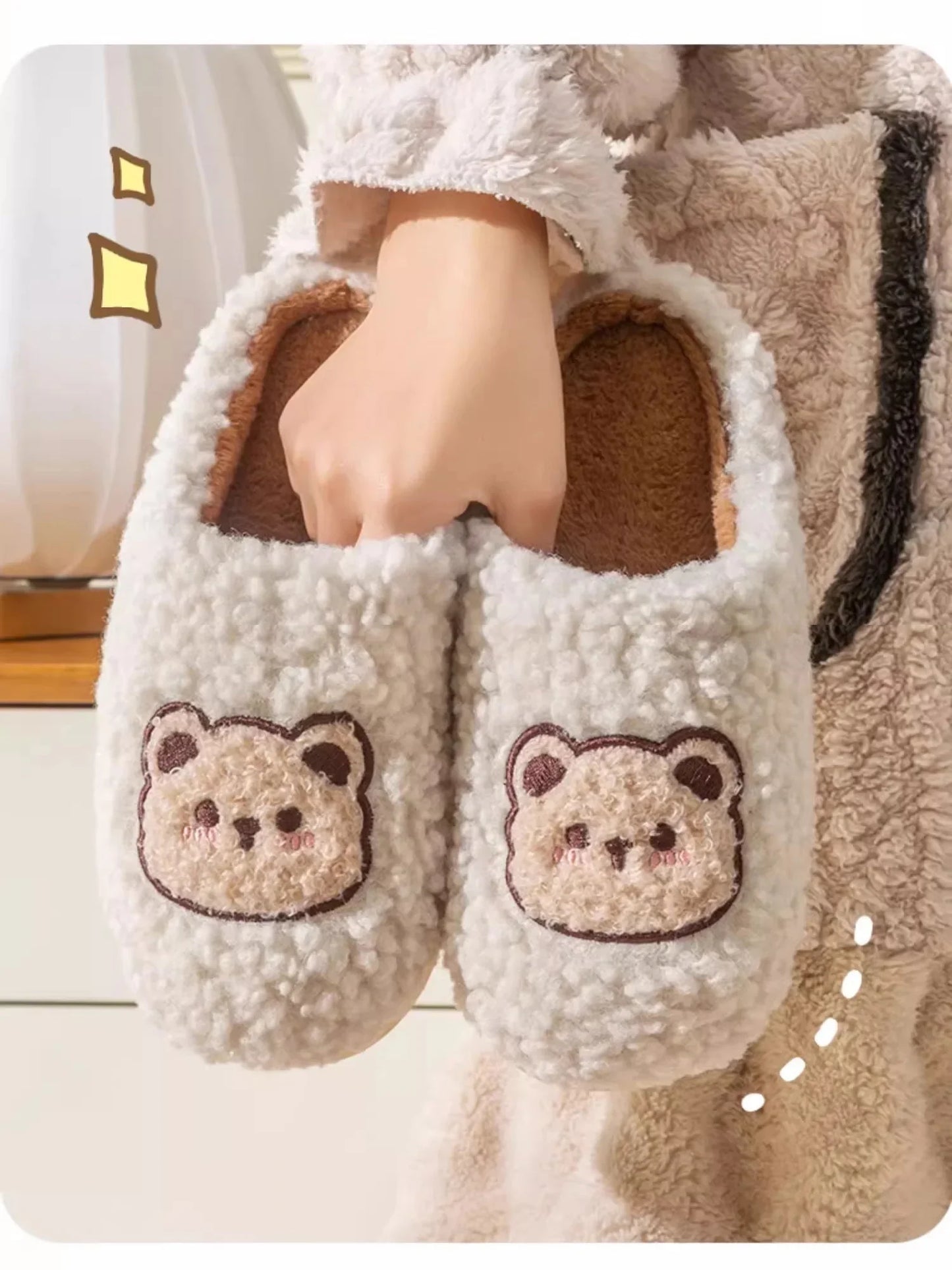 New Women Home Slippers Men Furry Indoor Bedroom Flats Warm Plush Couples Cute Cartoon Bear Winter Floor Slides Non-slip Shoes