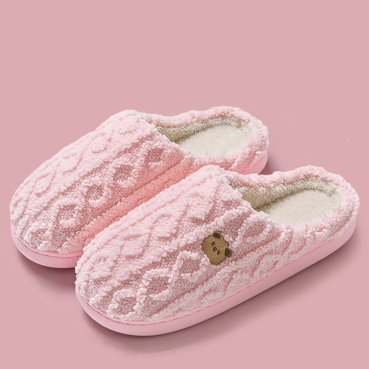 New Women Home Slippers Men Furry Indoor Bedroom Flats Warm Plush Couples Cute Cartoon Bear Winter Floor Slides Non-slip Shoes