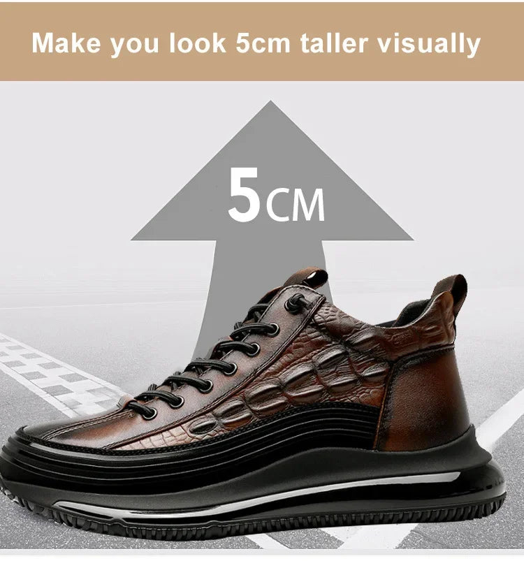 Men's winter thick bottom casual shoes light luxury fashion Air Cushion Cowhide Crocodile Print Sneakers Height Lifting Non-Slip