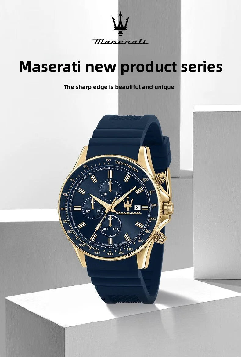 Original gold Maserati men's watch sports leisure luxury Shi Ying Europe and America large dial black silicone watch.