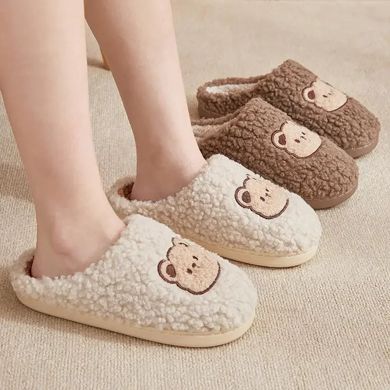 New Women Home Slippers Men Furry Indoor Bedroom Flats Warm Plush Couples Cute Cartoon Bear Winter Floor Slides Non-slip Shoes
