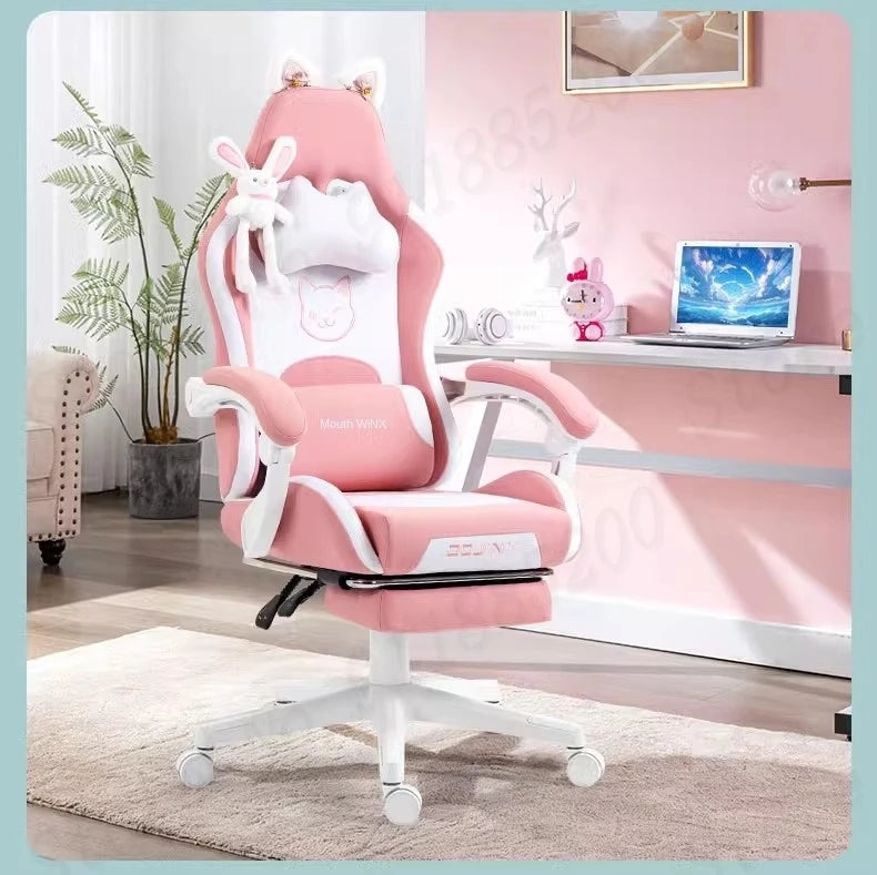 Cat-ear Computer Chair Girls Home Office Gaming Chair Comfortable Back 135° Adjustable Bedroom Student Linkage Armrest Chair