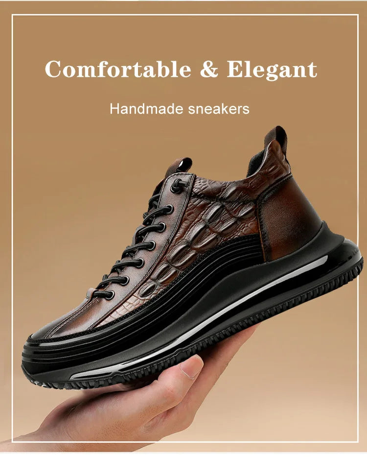 Men's winter thick bottom casual shoes light luxury fashion Air Cushion Cowhide Crocodile Print Sneakers Height Lifting Non-Slip