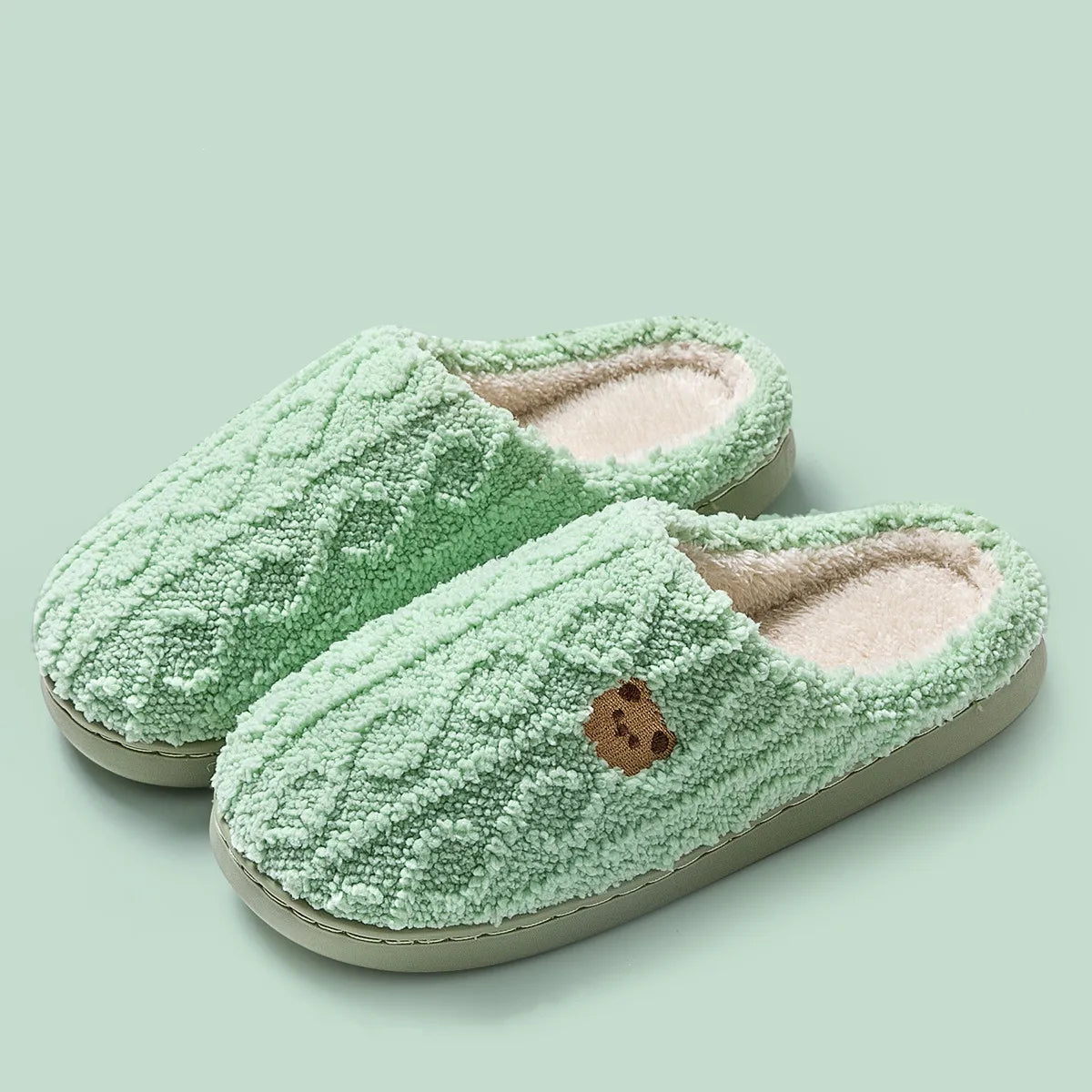 New Women Home Slippers Men Furry Indoor Bedroom Flats Warm Plush Couples Cute Cartoon Bear Winter Floor Slides Non-slip Shoes