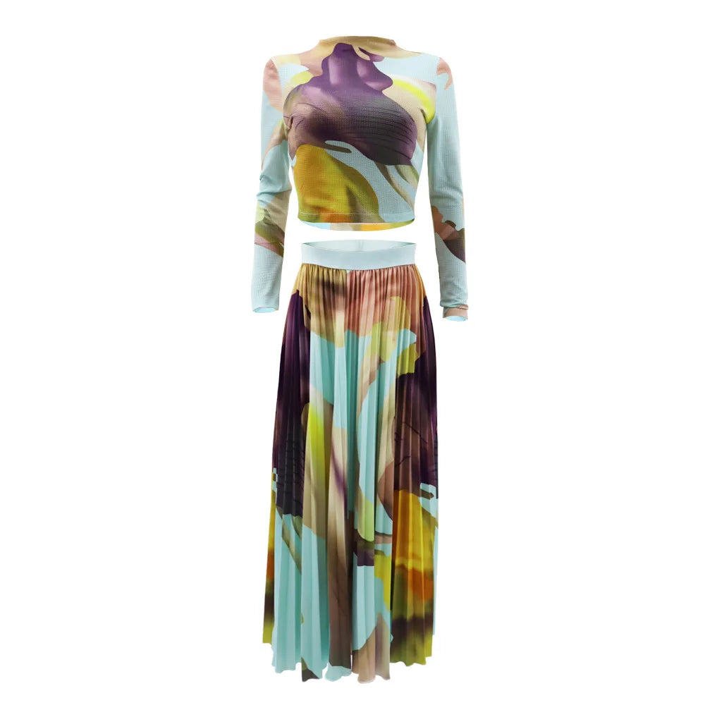 2 Piece Sets Womens Outfits Fashion Waffle Long Sleeved Pullover Short Top Elegant Pleated Skirt Tie Dye Autumn Two-Piece Set