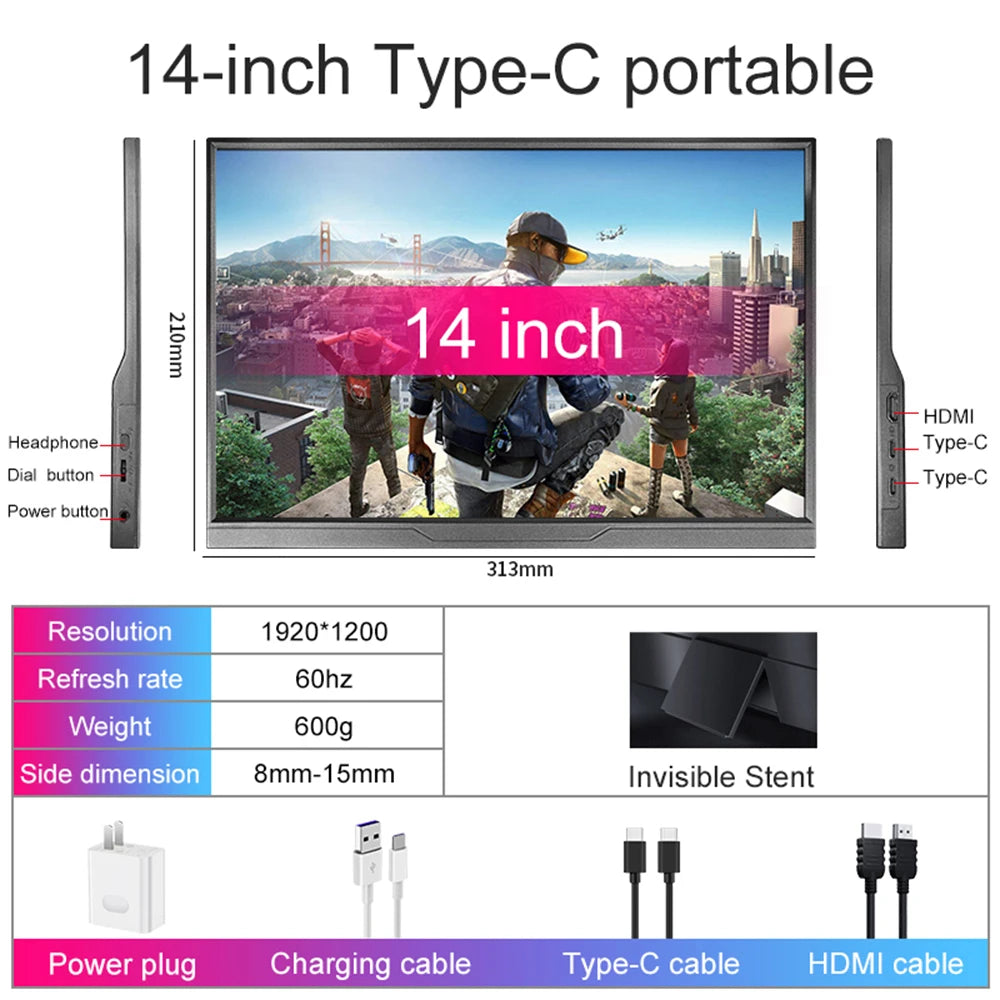 14inch Portable Monitor Ultra-thin 1200P IPS USB-C HDMI External Second Screen for Laptop PC Cell Phone Switch Xbox PS4/5 Xbox