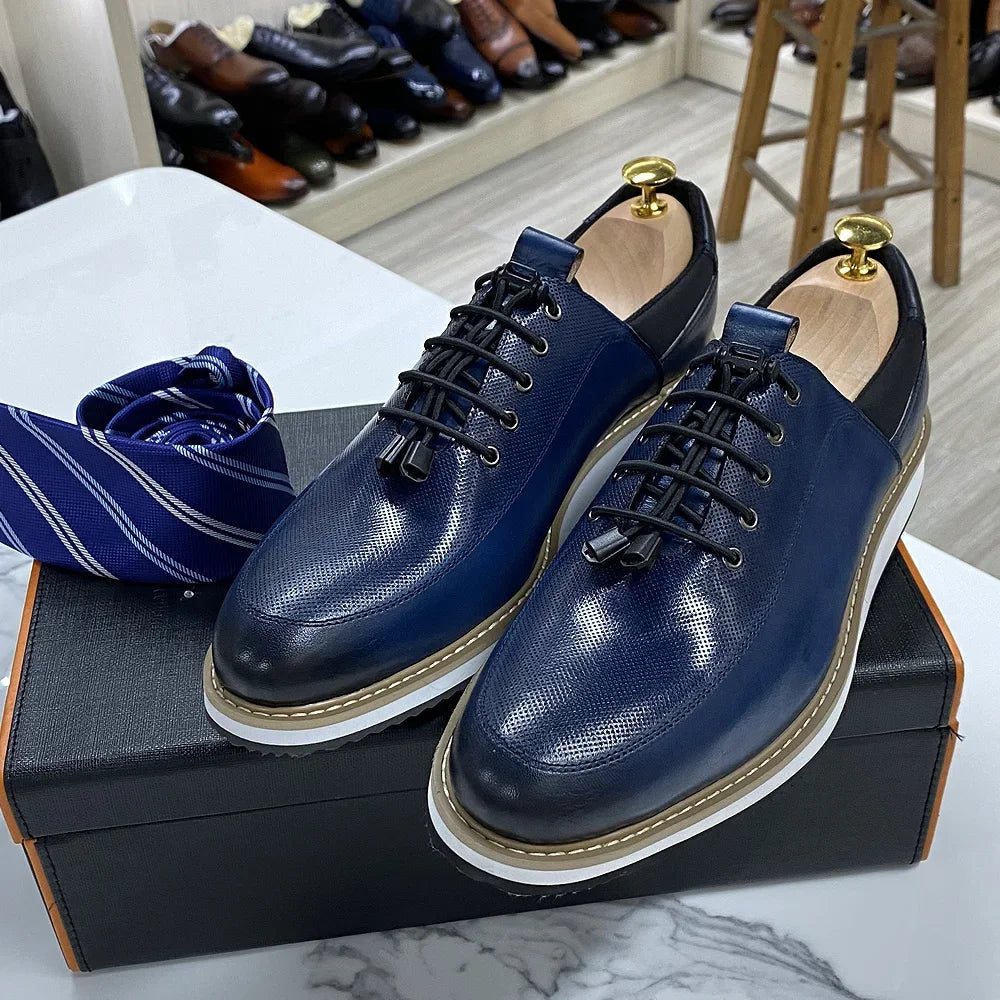 Men's Casual Fashion Shoes 2022 High-Quality Genuine Leather Lace-Up Luxury Sneakers Blue/Black Breathable Flat Oxfords
