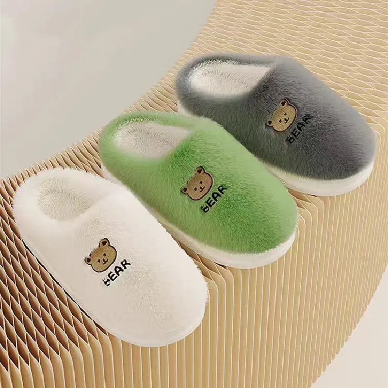 New Women Home Slippers Men Furry Indoor Bedroom Flats Warm Plush Couples Cute Cartoon Bear Winter Floor Slides Non-slip Shoes