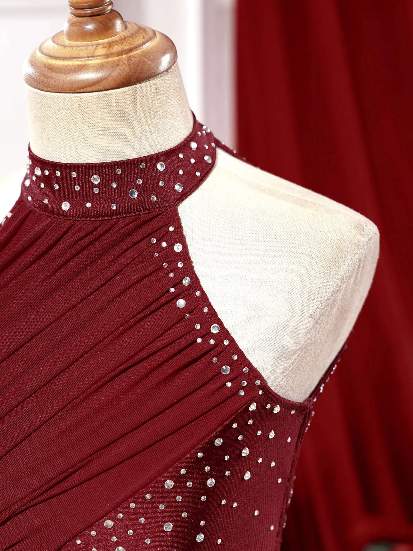 Kids Girls Lyrical Dance Leotard Dress Halter Backless Cutout Back Shiny Rhinestones Ruched Mesh Drape Dresses Modern Dancewear