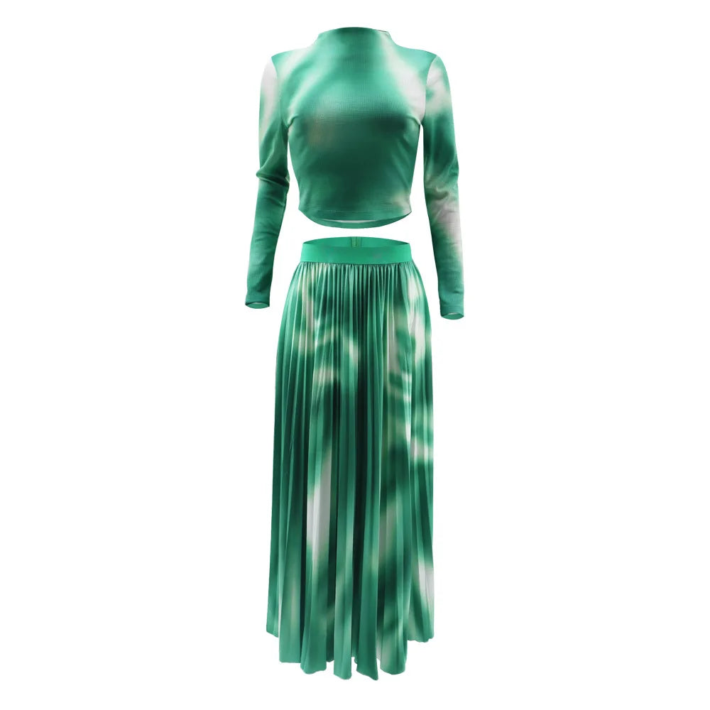 2 Piece Sets Womens Outfits Fashion Waffle Long Sleeved Pullover Short Top Elegant Pleated Skirt Tie Dye Autumn Two-Piece Set