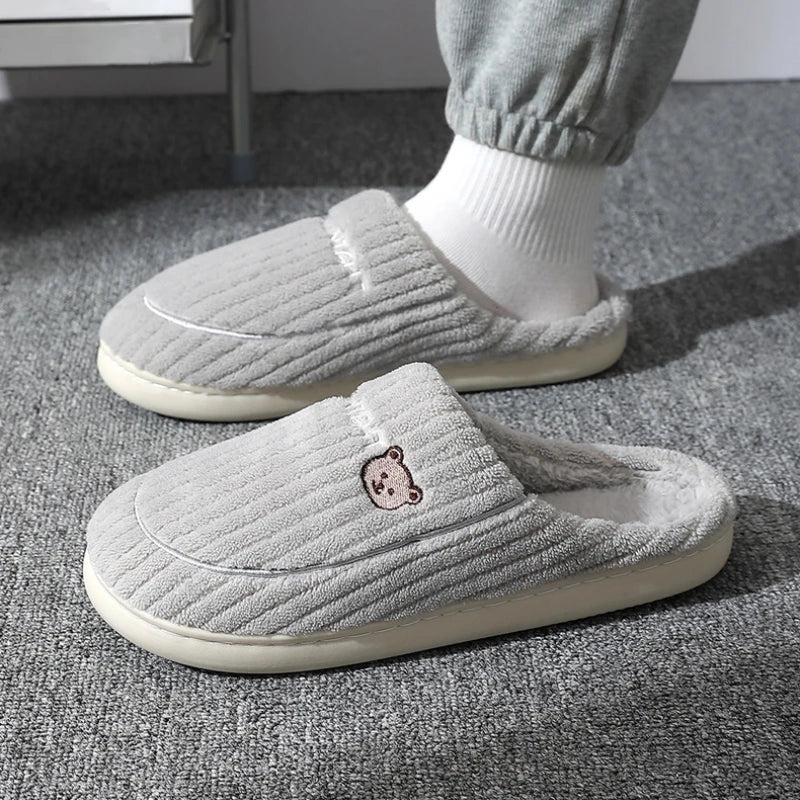 New Women Home Slippers Men Furry Indoor Bedroom Flats Warm Plush Couples Cute Cartoon Bear Winter Floor Slides Non-slip Shoes