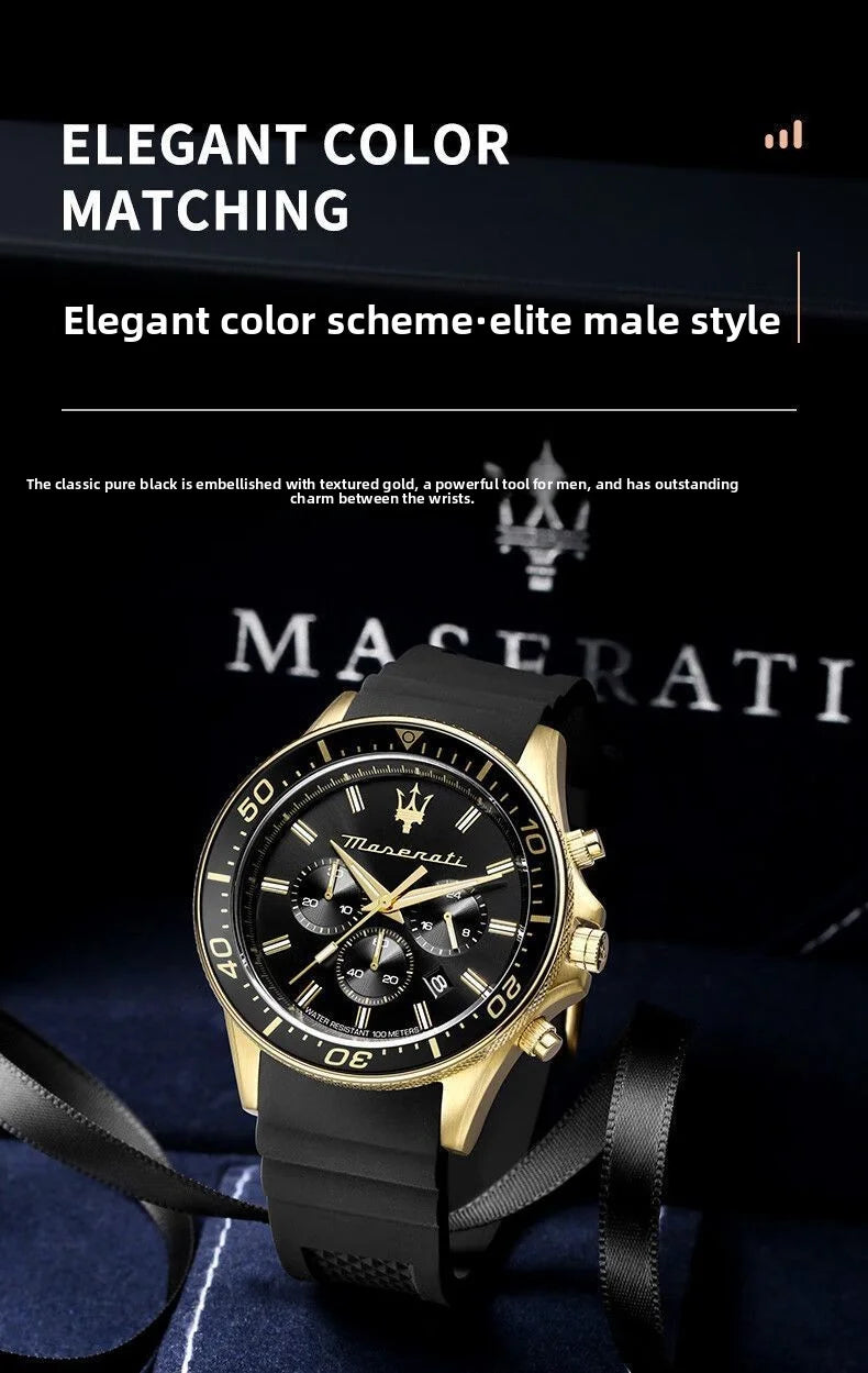 Original gold Maserati men's watch sports leisure luxury Shi Ying Europe and America large dial black silicone watch.