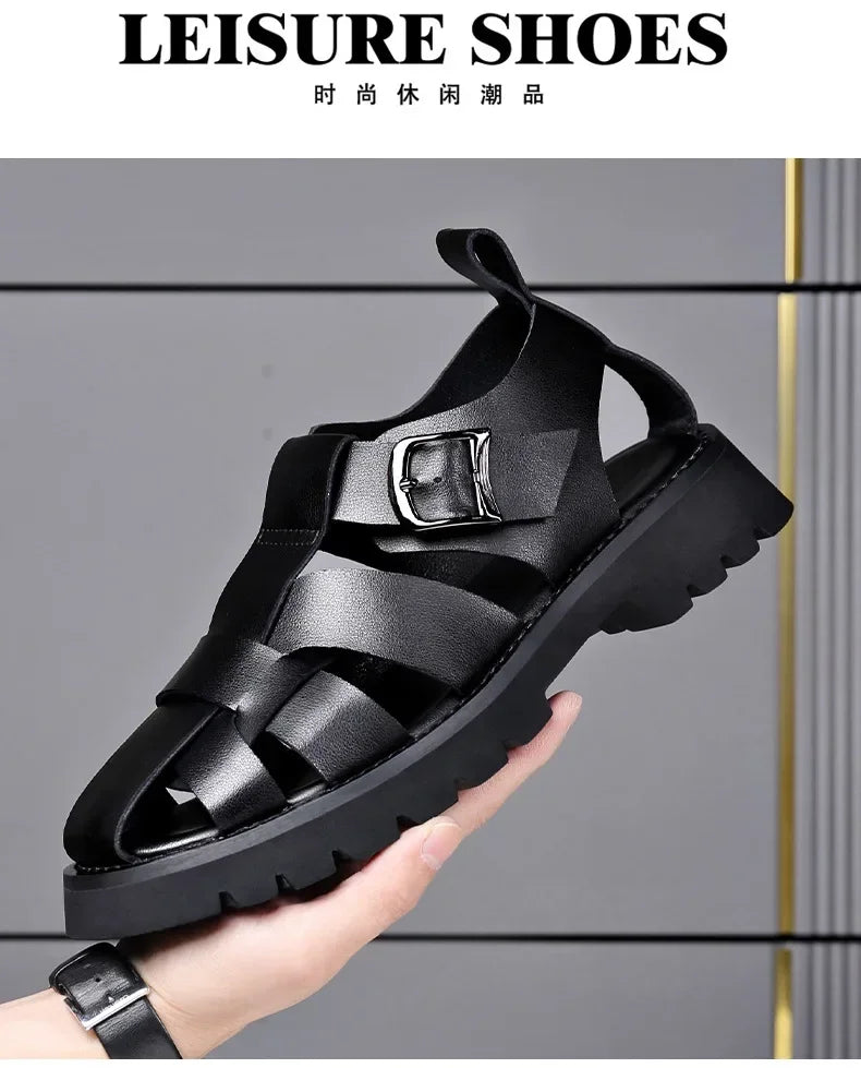 Men Sandals Cow Leather Roman Sandals for Men Summer Designer Platform Shoes Male Fashion Casual Black Sandals Man