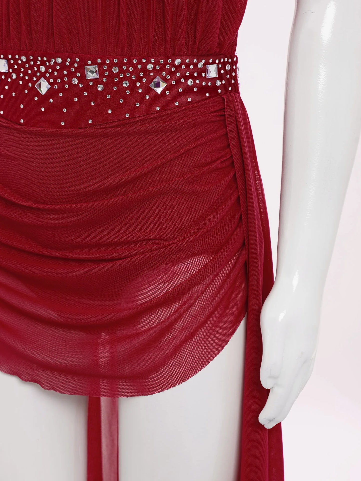 Kids Girls Lyrical Dance Leotard Dress Halter Backless Cutout Back Shiny Rhinestones Ruched Mesh Drape Dresses Modern Dancewear