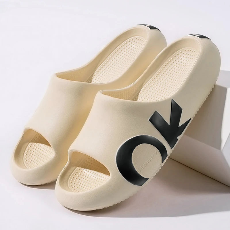 Men's sandals and slippers, printed with letters, casual and fashionable anti slip open toe thick sole slippers, suitable for in