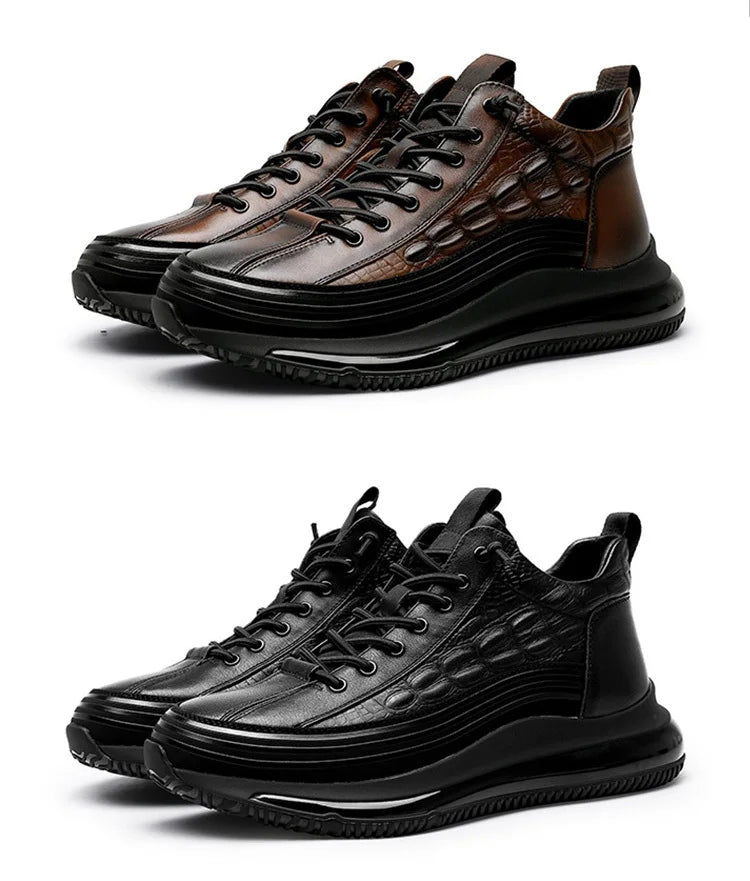 Men's winter thick bottom casual shoes light luxury fashion Air Cushion Cowhide Crocodile Print Sneakers Height Lifting Non-Slip