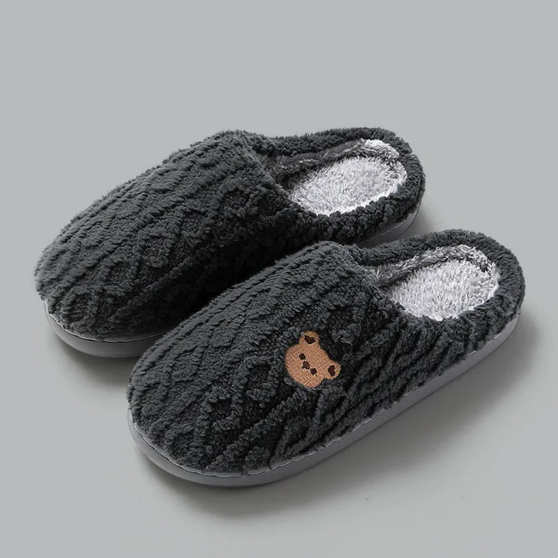 New Women Home Slippers Men Furry Indoor Bedroom Flats Warm Plush Couples Cute Cartoon Bear Winter Floor Slides Non-slip Shoes