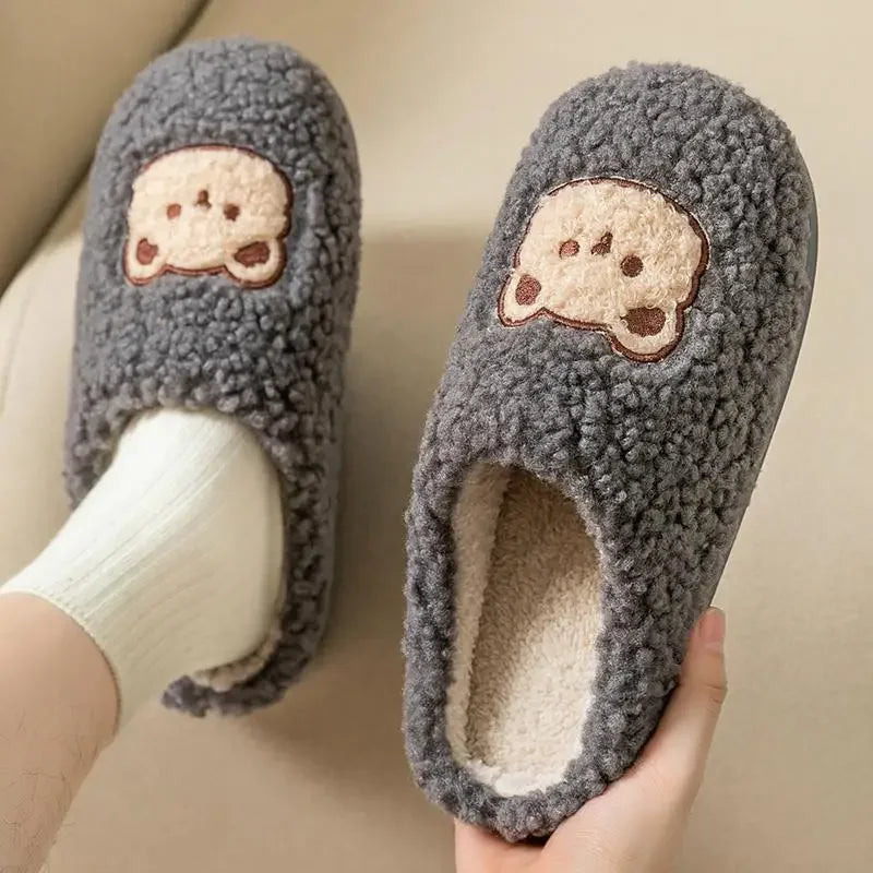 New Women Home Slippers Men Furry Indoor Bedroom Flats Warm Plush Couples Cute Cartoon Bear Winter Floor Slides Non-slip Shoes