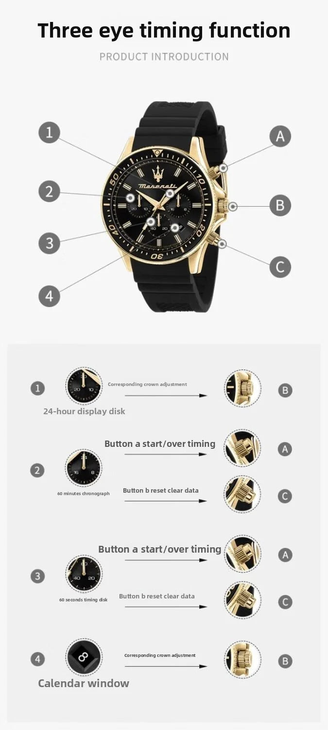 Original gold Maserati men's watch sports leisure luxury Shi Ying Europe and America large dial black silicone watch.